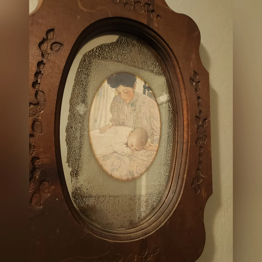 Antique 1930s Floral Etched Mirror Carved Wooden Frame